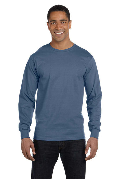Hanes 5186 Mens Beefy-T Long Sleeve Crewneck T-Shirt Denim Blue Front
