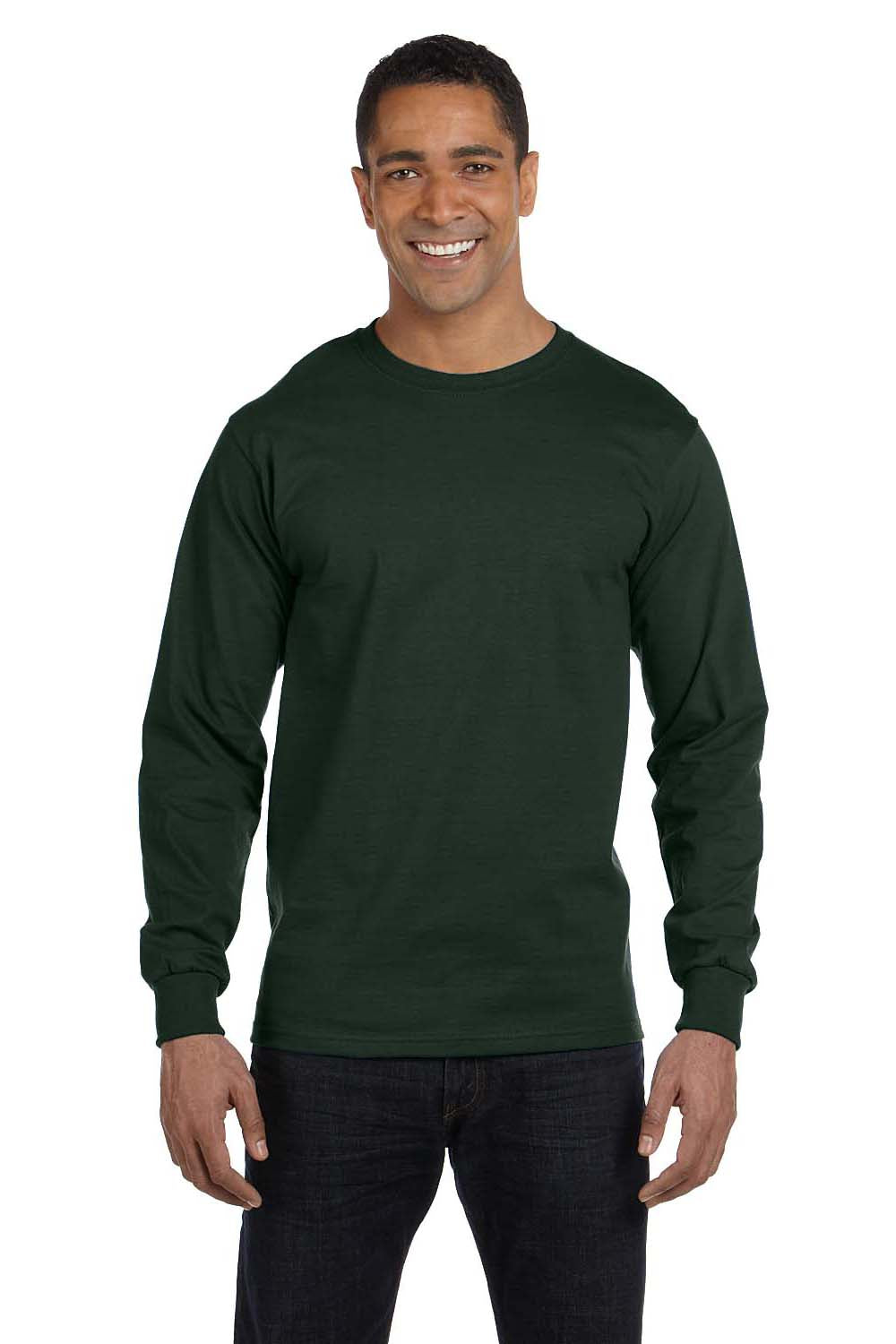 Hanes 5186 Mens Beefy-T Long Sleeve Crewneck T-Shirt Forest Green Front