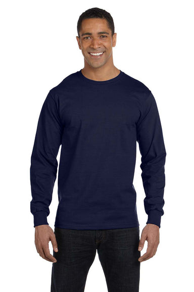 Hanes 5186 Mens Beefy-T Long Sleeve Crewneck T-Shirt Navy Blue Front