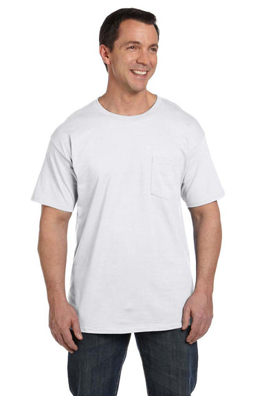 Hanes 5190P Mens Beefy-T Short Sleeve Crewneck T-Shirt w/ Pocket White Front