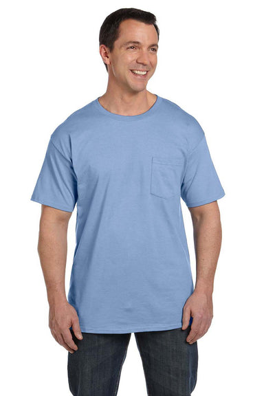 Hanes 5190P Mens Beefy-T Short Sleeve Crewneck T-Shirt w/ Pocket Light Blue Front
