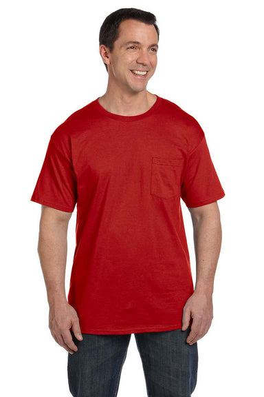 Hanes 5190P Mens Beefy-T Short Sleeve Crewneck T-Shirt w/ Pocket Red Front