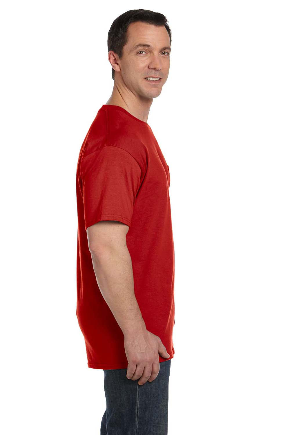Hanes 5190P Mens Beefy-T Short Sleeve Crewneck T-Shirt w/ Pocket Red Side