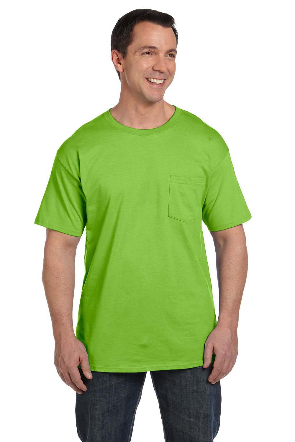 Hanes 5190P Mens Beefy-T Short Sleeve Crewneck T-Shirt w/ Pocket Lime Green Front