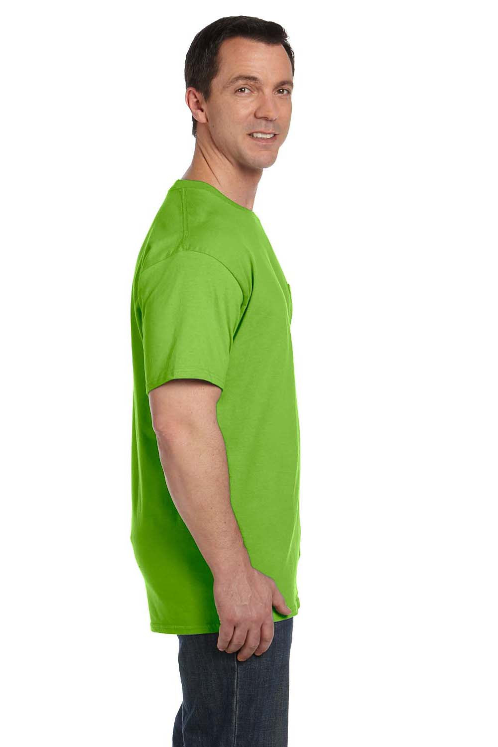 Hanes 5190P Mens Beefy-T Short Sleeve Crewneck T-Shirt w/ Pocket Lime Green Side