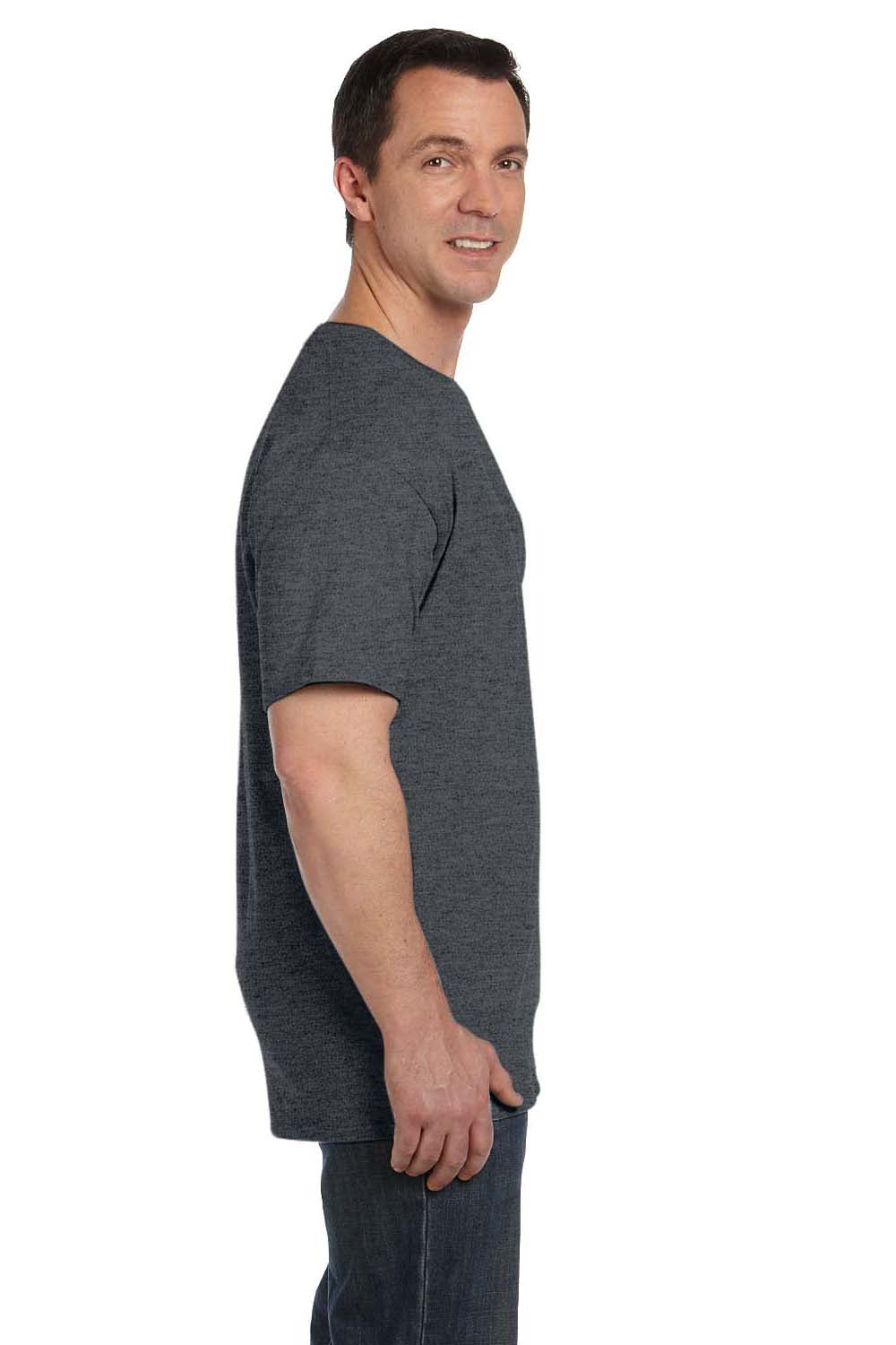 Hanes 5190P Mens Beefy-T Short Sleeve Crewneck T-Shirt w/ Pocket Heather Charcoal Grey Side