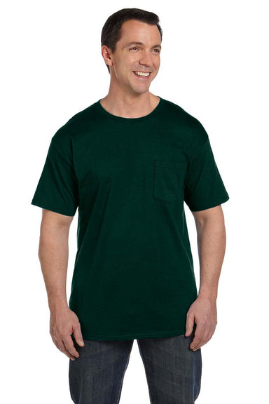 Hanes 5190P Mens Beefy-T Short Sleeve Crewneck T-Shirt w/ Pocket Forest Green Front
