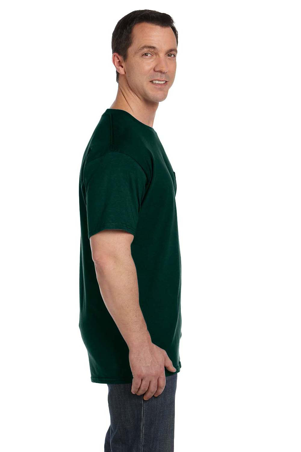Hanes 5190P Mens Beefy-T Short Sleeve Crewneck T-Shirt w/ Pocket Forest Green Side