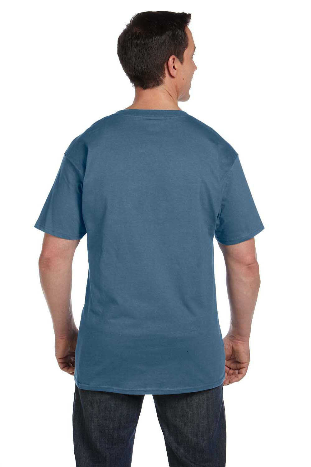 Hanes 5190P Mens Beefy-T Short Sleeve Crewneck T-Shirt w/ Pocket Denim Blue Back