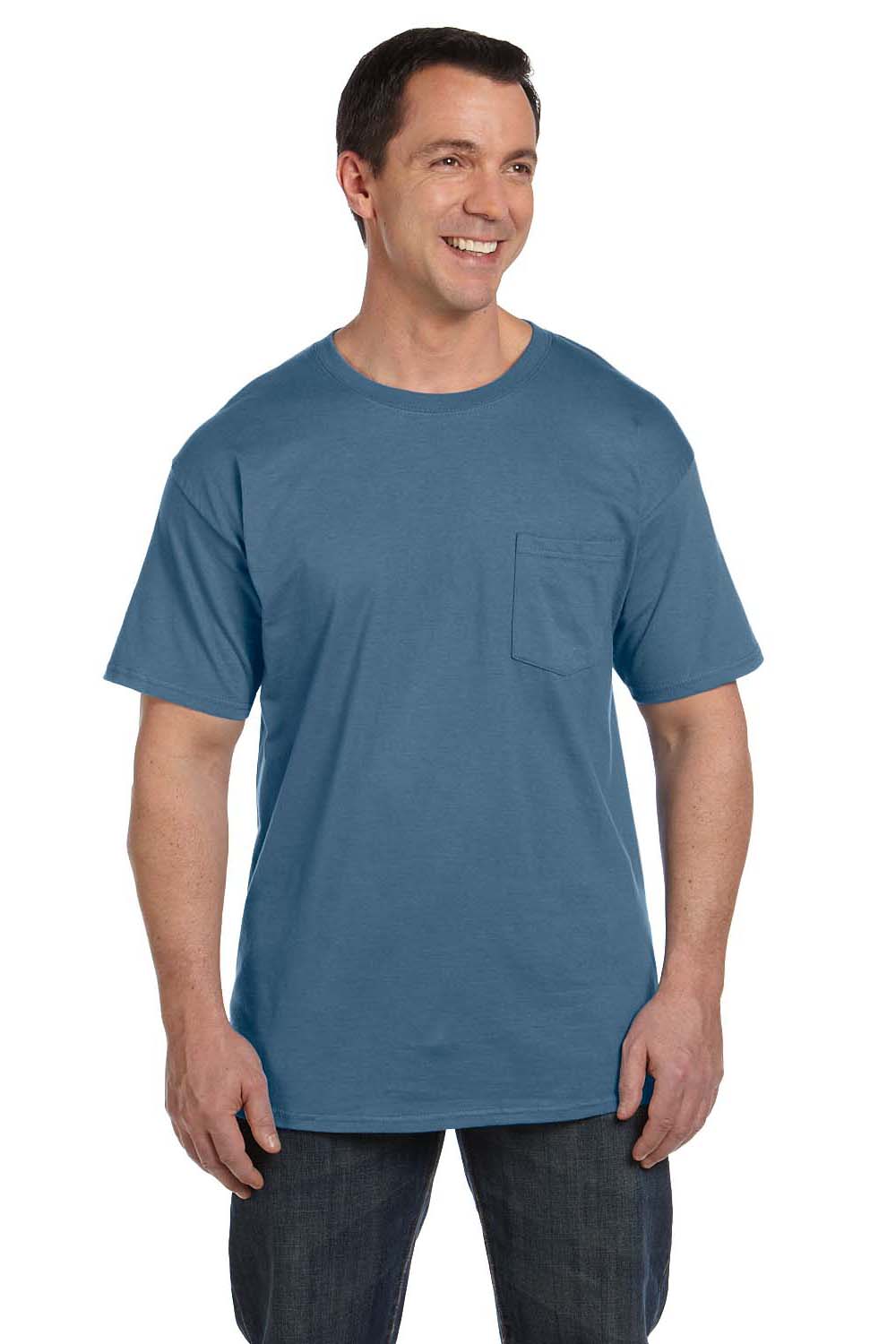Hanes 5190P Mens Beefy-T Short Sleeve Crewneck T-Shirt w/ Pocket Denim Blue Front