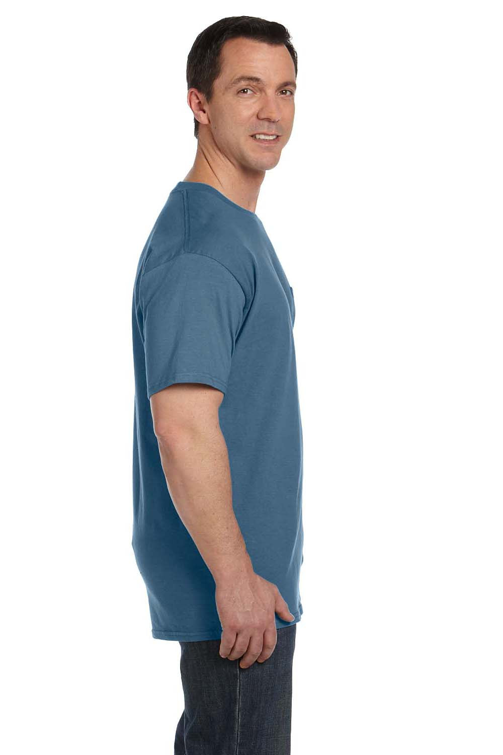 Hanes 5190P Mens Beefy-T Short Sleeve Crewneck T-Shirt w/ Pocket Denim Blue Side