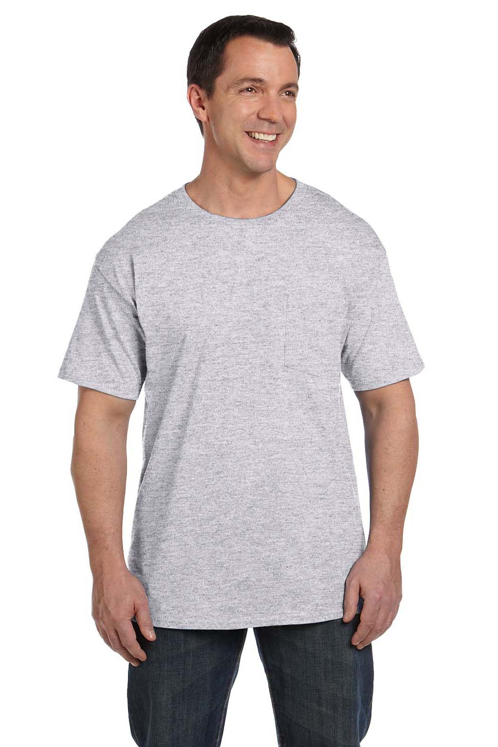 Hanes 5190P Mens Beefy-T Short Sleeve Crewneck T-Shirt w/ Pocket Ash Grey Front