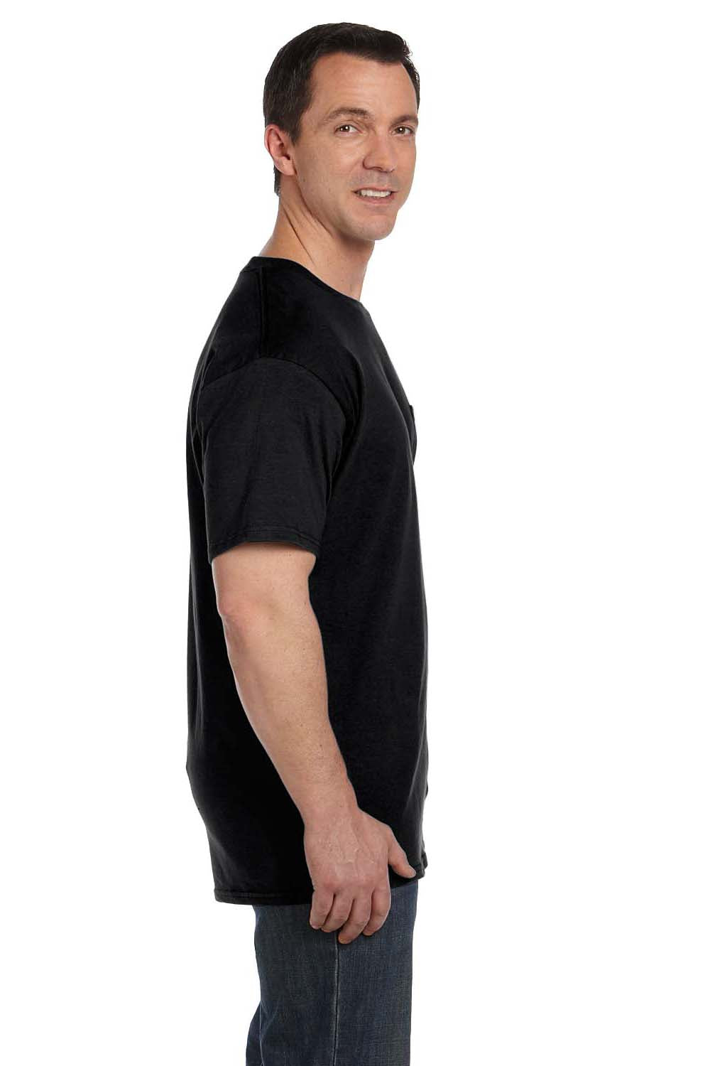 Hanes 5190P Mens Beefy-T Short Sleeve Crewneck T-Shirt w/ Pocket Black Side
