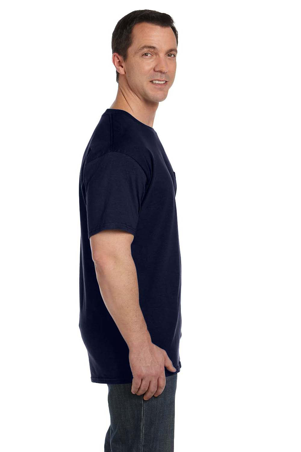 Hanes 5190P Mens Beefy-T Short Sleeve Crewneck T-Shirt w/ Pocket Navy Blue Side