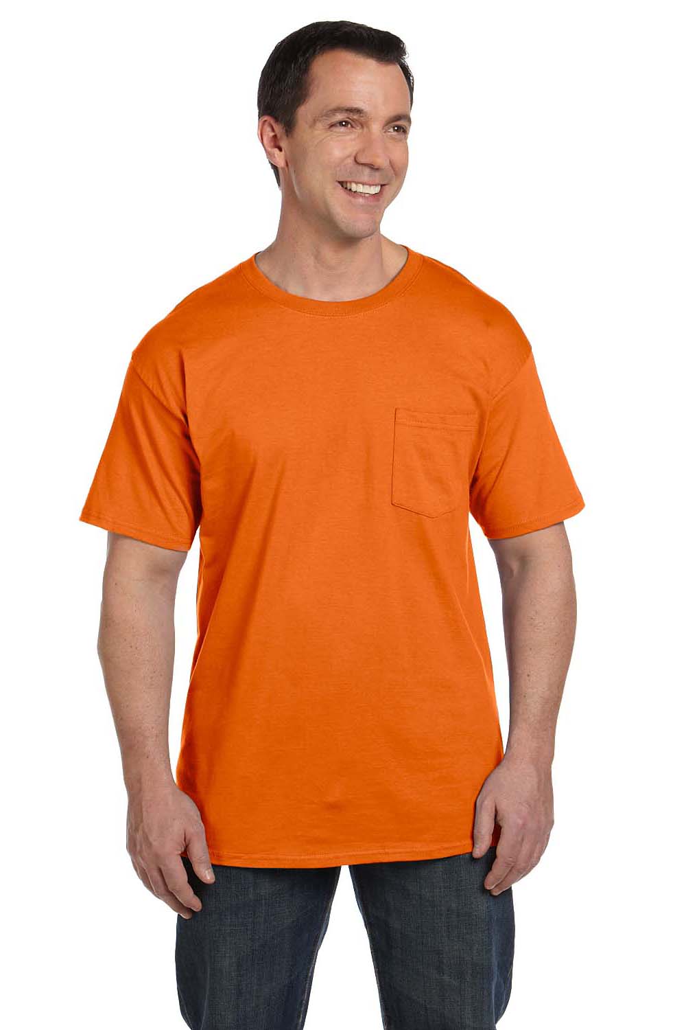 Hanes 5190P Mens Beefy-T Short Sleeve Crewneck T-Shirt w/ Pocket Orange Front