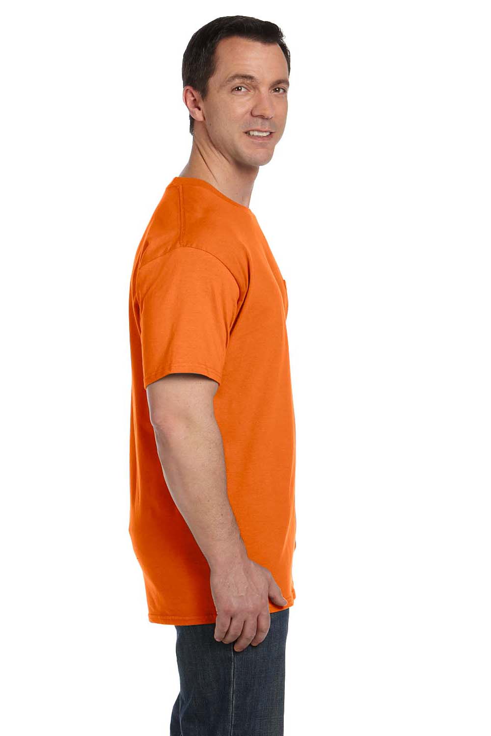 Hanes 5190P Mens Beefy-T Short Sleeve Crewneck T-Shirt w/ Pocket Orange Side