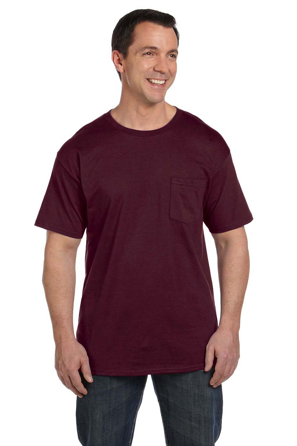 Hanes 5190P Mens Beefy-T Short Sleeve Crewneck T-Shirt w/ Pocket Maroon Front