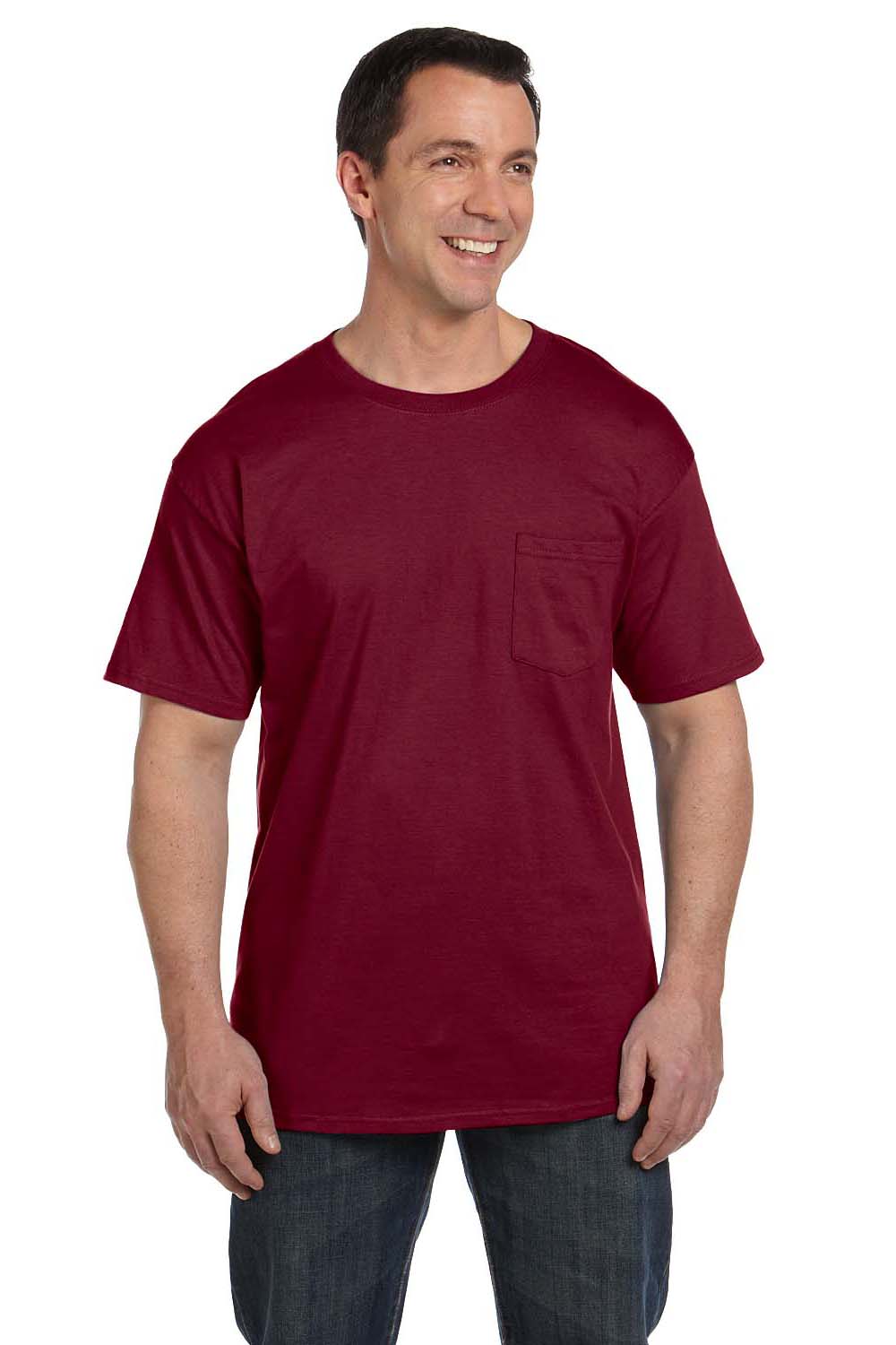 Hanes 5190P Mens Beefy-T Short Sleeve Crewneck T-Shirt w/ Pocket Cardinal Red Front
