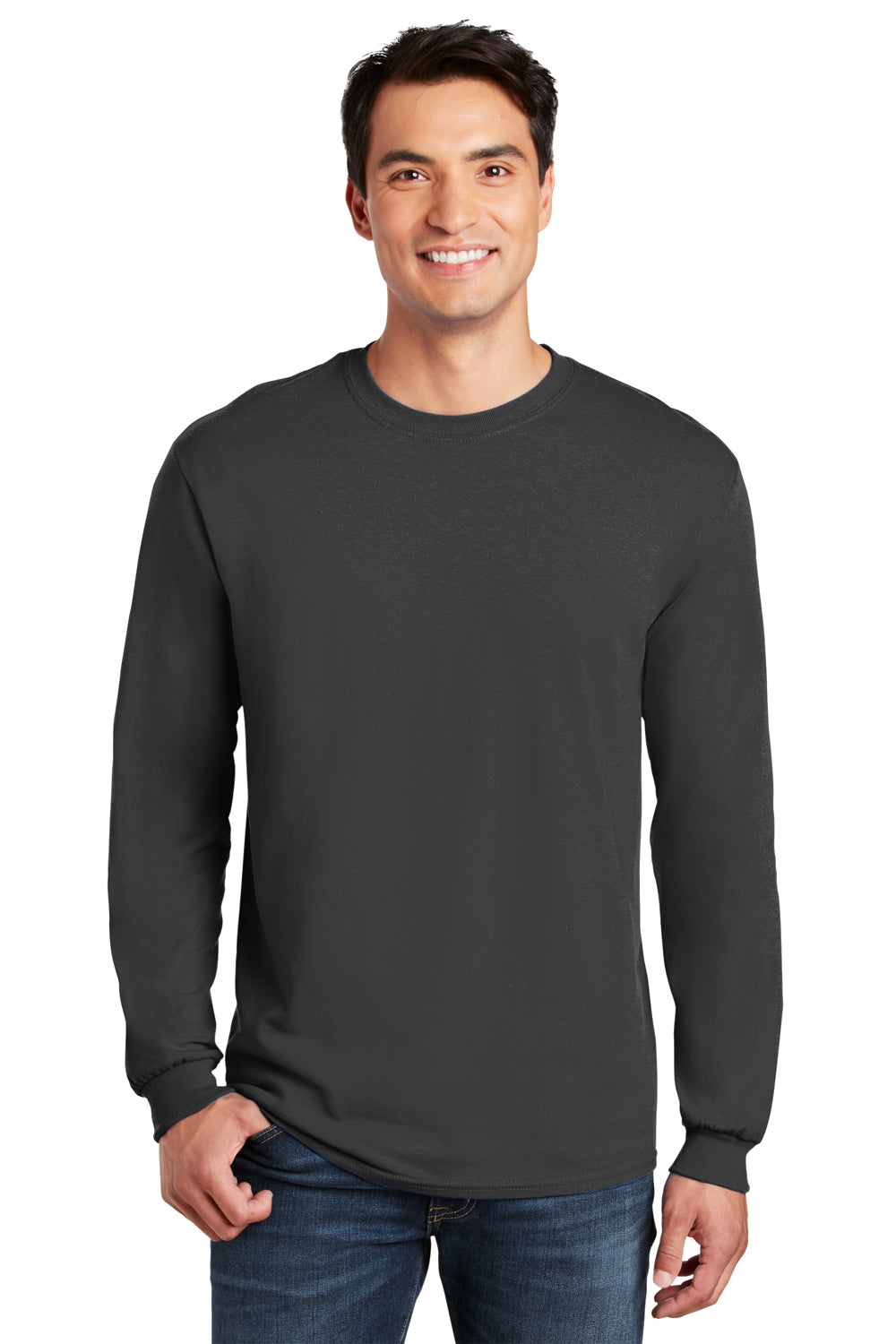 Gildan Mens Long Sleeve Crewneck T-Shirt Charcoal Grey Front