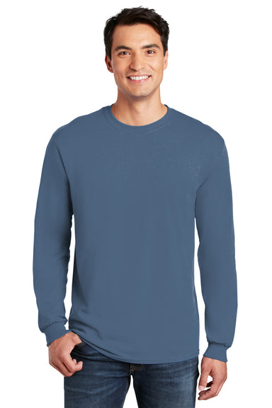 Gildan Mens Long Sleeve Crewneck T-Shirt Indigo Blue Front