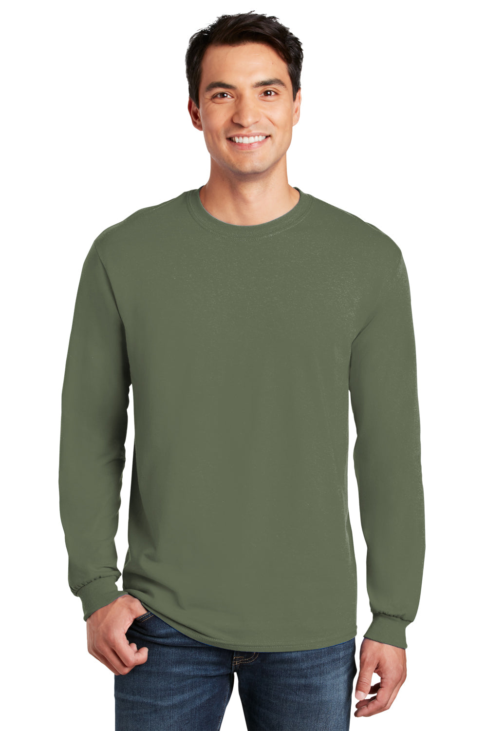 Gildan Mens Long Sleeve Crewneck T-Shirt Military Green Front