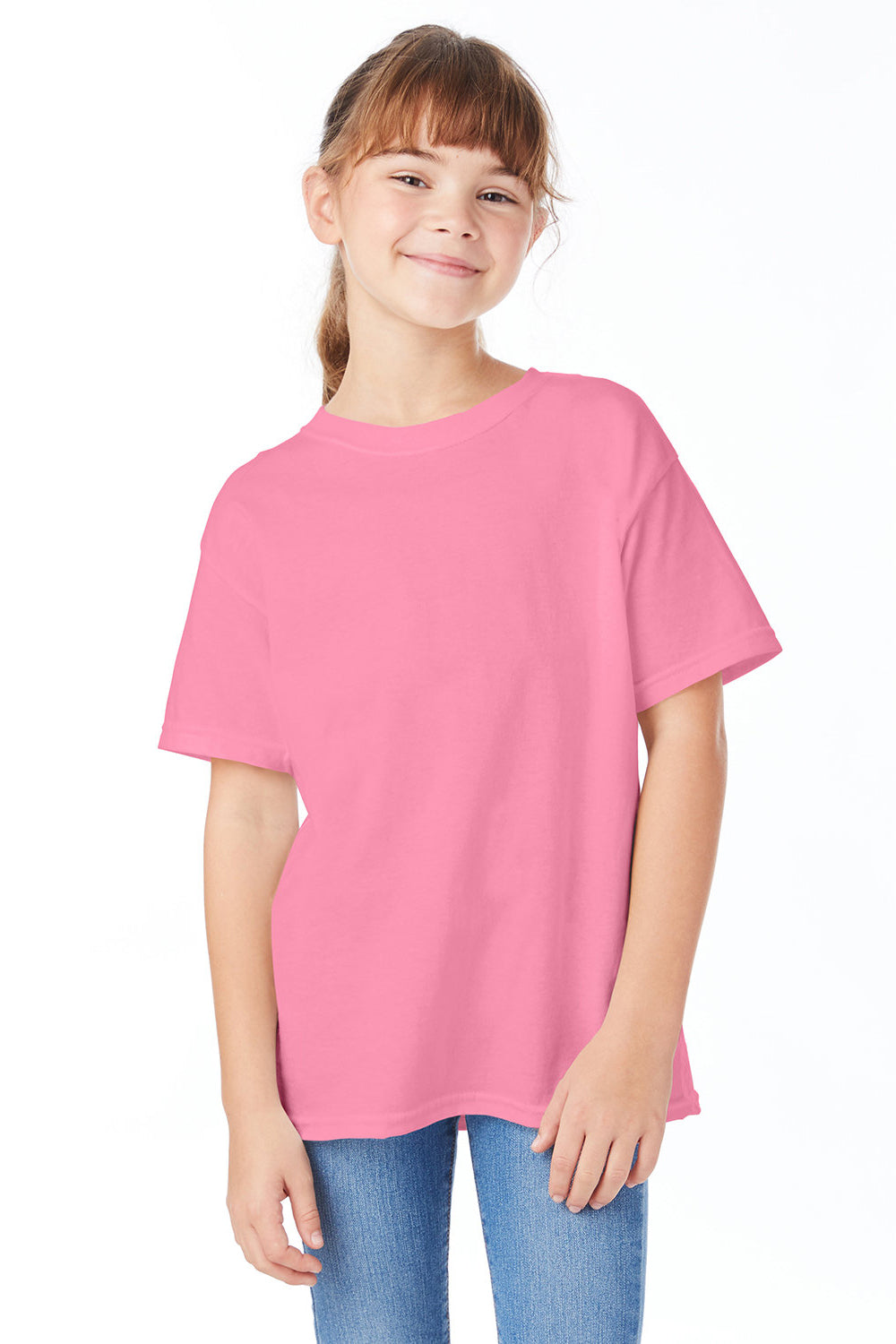 Hanes 5480 Youth ComfortSoft Short Sleeve Crewneck T-Shirt Safety Pink Front