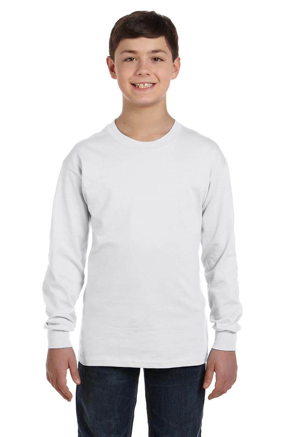 Hanes 5546 Youth ComfortSoft Long Sleeve Crewneck T-Shirt White Front
