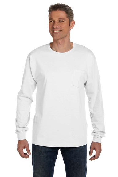 Hanes 5596 Mens ComfortSoft Long Sleeve Crewneck T-Shirt w/ Pocket White Front