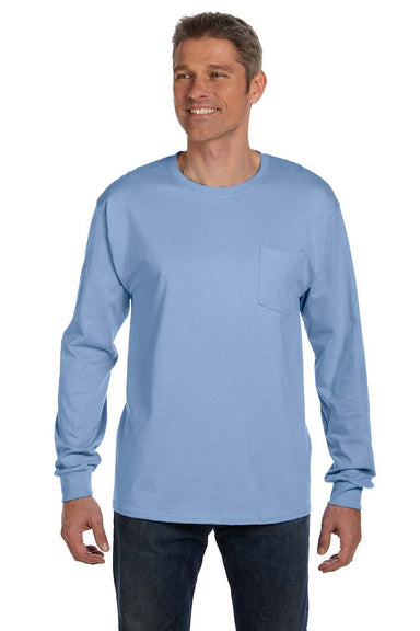 Hanes 5596 Mens ComfortSoft Long Sleeve Crewneck T-Shirt w/ Pocket Light Blue Front