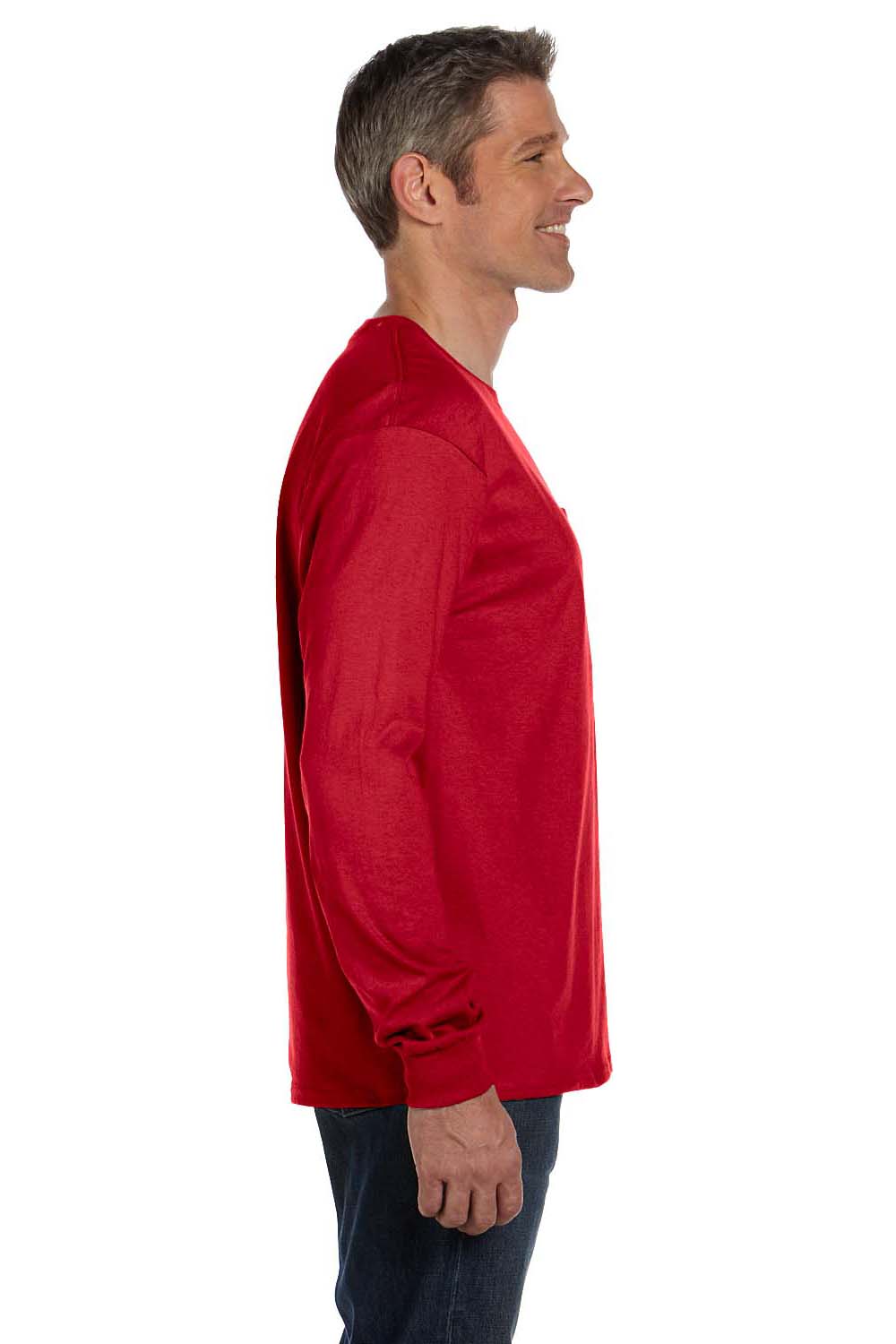 Hanes 5596 Mens ComfortSoft Long Sleeve Crewneck T-Shirt w/ Pocket Red Side