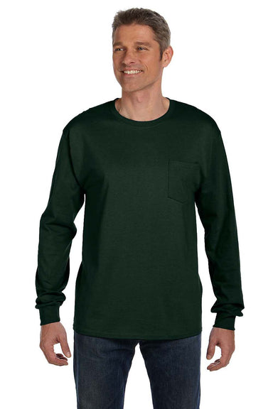 Hanes 5596 Mens ComfortSoft Long Sleeve Crewneck T-Shirt w/ Pocket Forest Green Front
