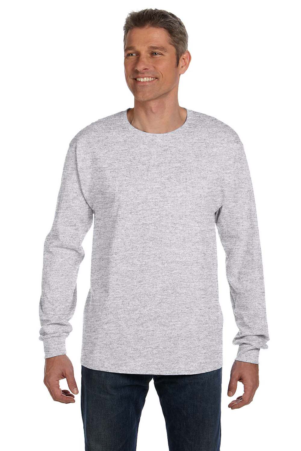 Hanes 5596 Mens ComfortSoft Long Sleeve Crewneck T-Shirt w/ Pocket Ash Grey Front
