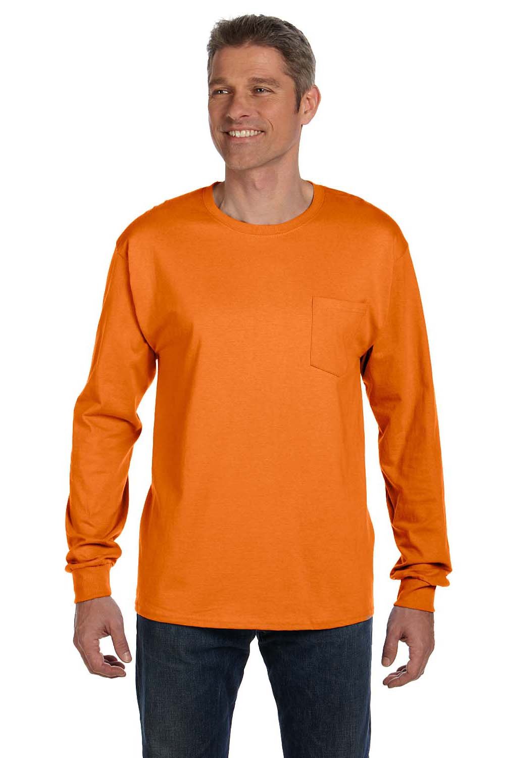 Hanes 5596 Mens ComfortSoft Long Sleeve Crewneck T-Shirt w/ Pocket Orange Front