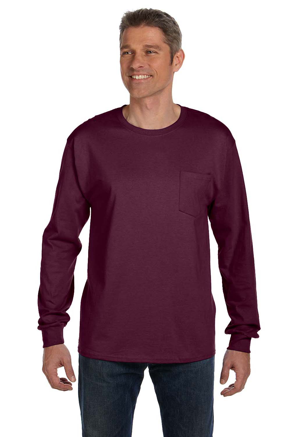 Hanes 5596 Mens ComfortSoft Long Sleeve Crewneck T-Shirt w/ Pocket Maroon Front