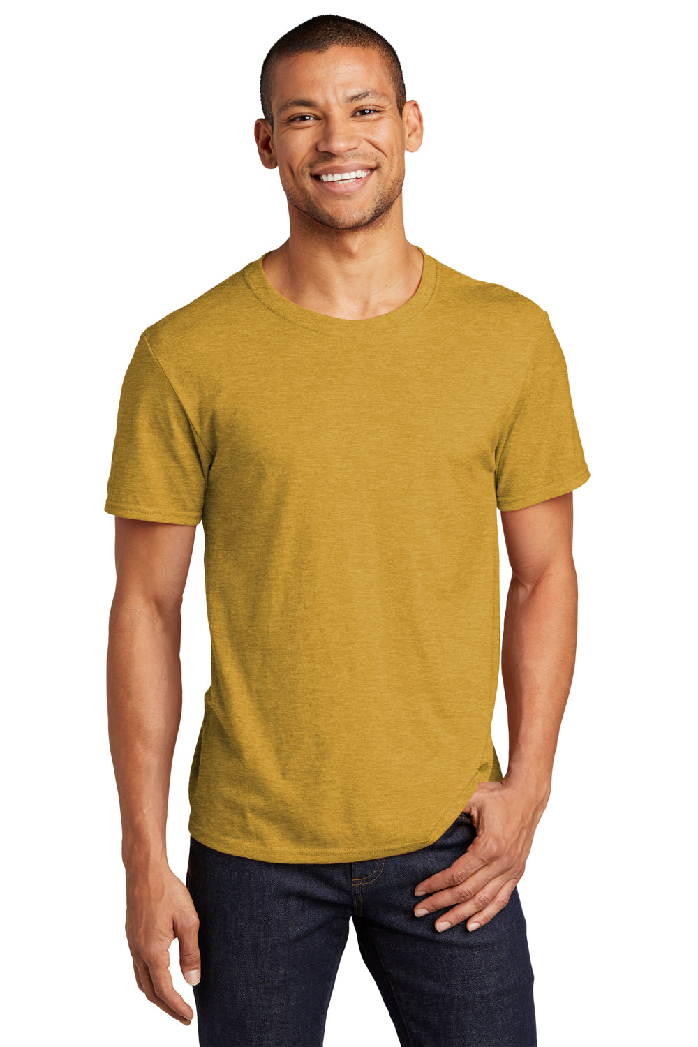 Jerzees 560M Mens Premium Blend Ring Spun Short Sleeve Crewneck T-Shirt Heather Mustard Yellow Front