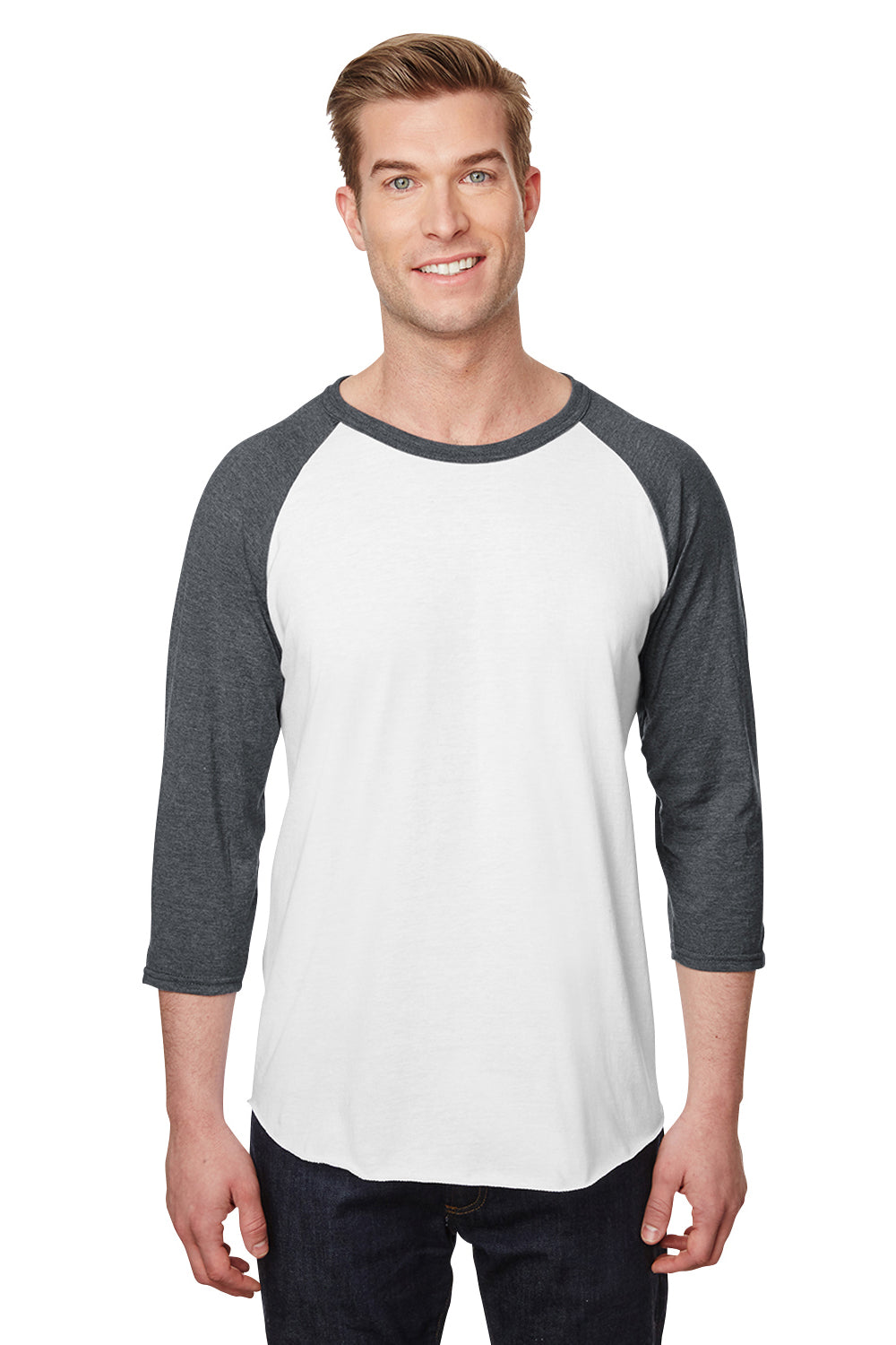Jerzees 560RR Mens Premium Blend Baseball 3/4 Sleeve Crewneck T-Shirt White/Heather Charcoal Grey Front