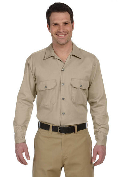 Dickies 574 Mens Moisture Wicking Long Sleeve Button Down Shirt w/ Double Pockets Khaki Brown Front