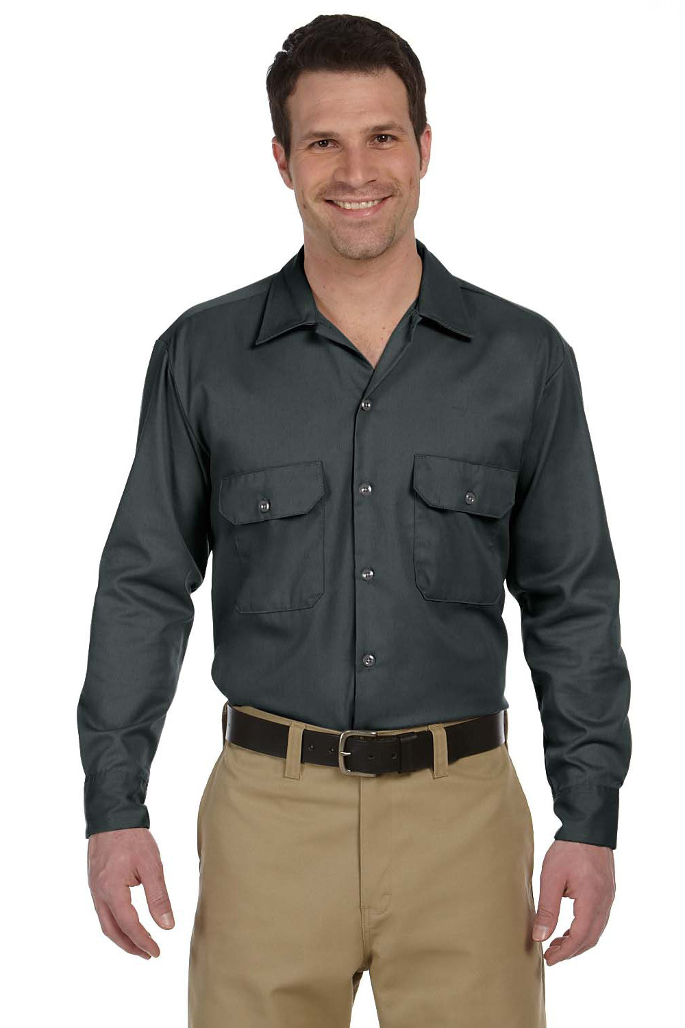 Dickies 574 Mens Moisture Wicking Long Sleeve Button Down Shirt w/ Double Pockets Charcoal Grey Front