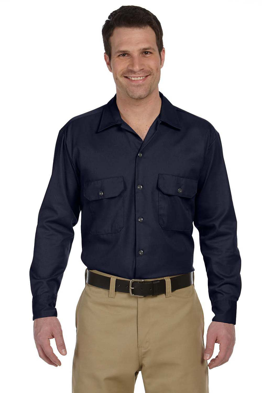 Dickies 574 Mens Moisture Wicking Long Sleeve Button Down Shirt w/ Double Pockets Navy Blue Front