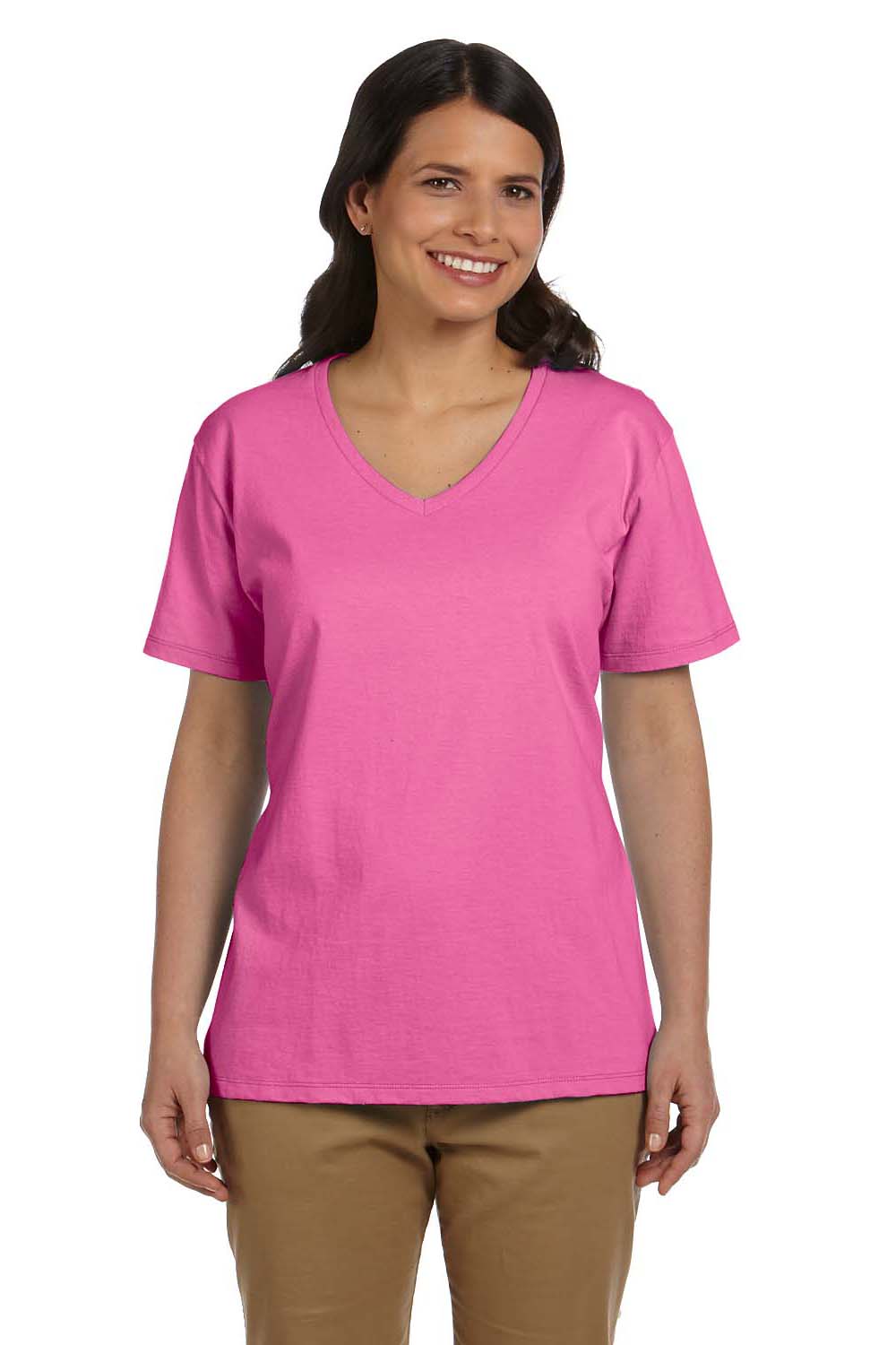 Hanes 5780 Womens ComfortSoft Short Sleeve V-Neck T-Shirt Pink Front