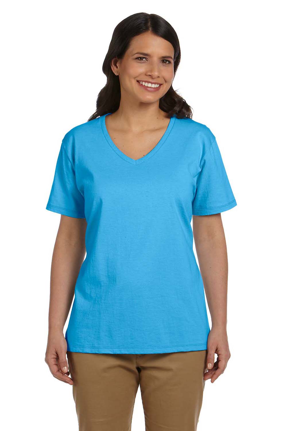 Hanes 5780 Womens ComfortSoft Short Sleeve V-Neck T-Shirt Aquatic Blue Front