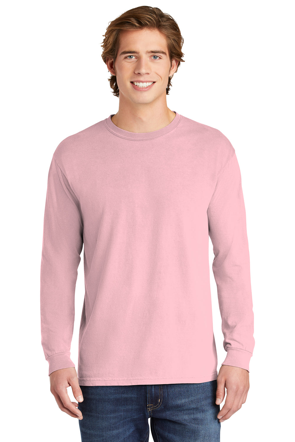 Comfort Colors 6014/C6014 Mens Long Sleeve Crewneck T-Shirt Blossom Pink Front
