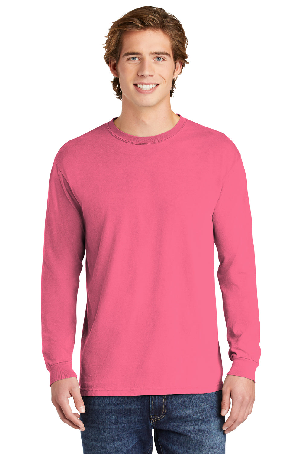Comfort Colors 6014/C6014 Mens Long Sleeve Crewneck T-Shirt Crunchberry Pink Front