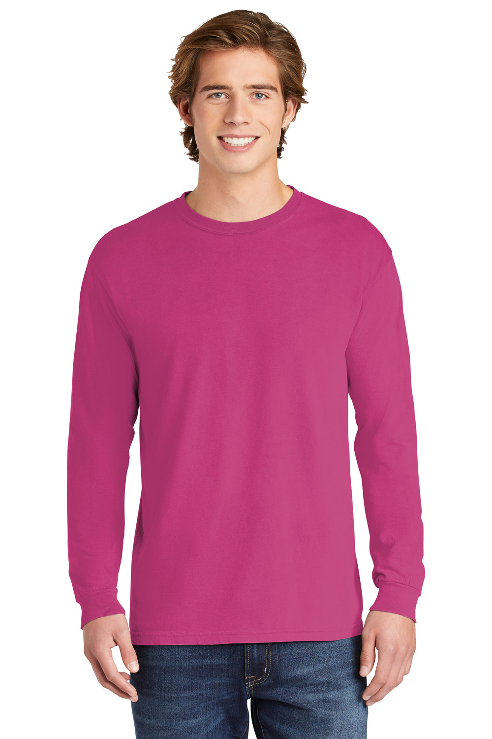 Comfort Colors Mens Long Sleeve Crewneck T-Shirt Heliconia Pink Front