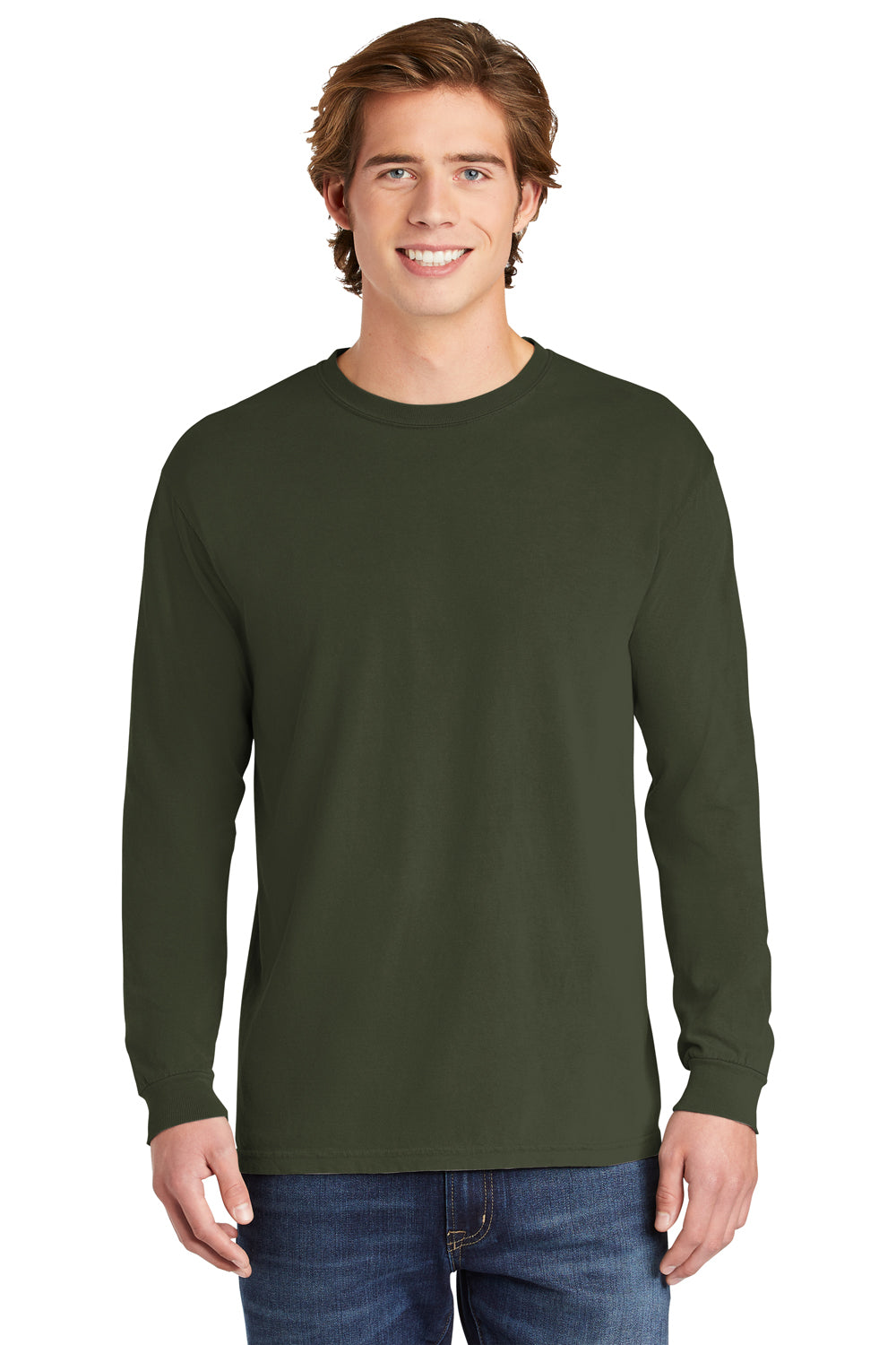Comfort Colors 6014/C6014 Mens Long Sleeve Crewneck T-Shirt Hemp Green Front