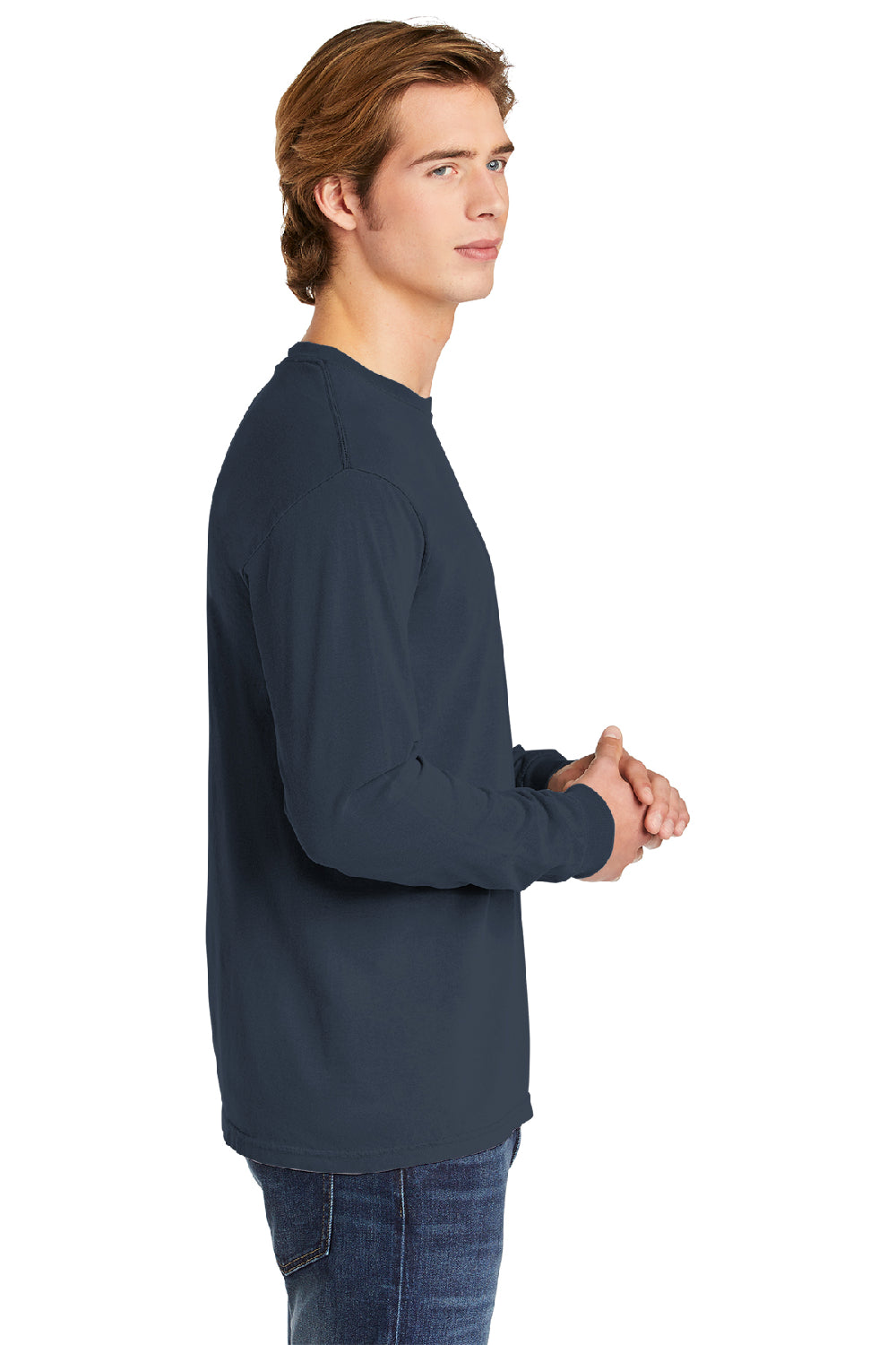 Comfort Colors 6014/C6014 Mens Long Sleeve Crewneck T-Shirt Midnight Navy Blue Side