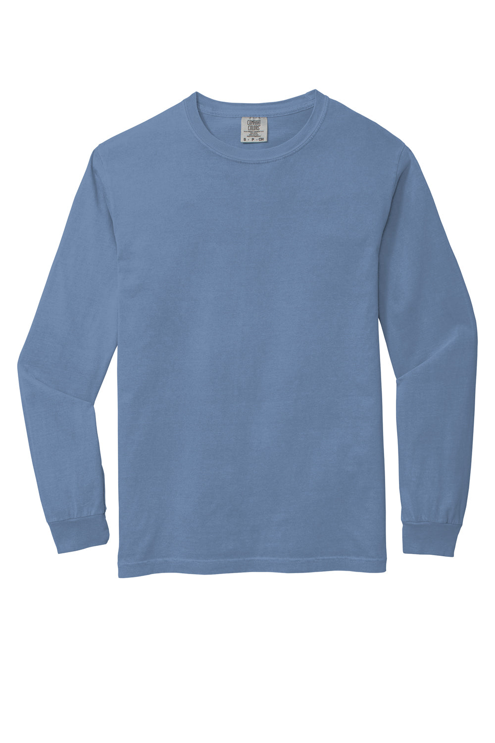Comfort Colors 6014/C6014 Mens Long Sleeve Crewneck T-Shirt Washed Denim Blue Flat Front
