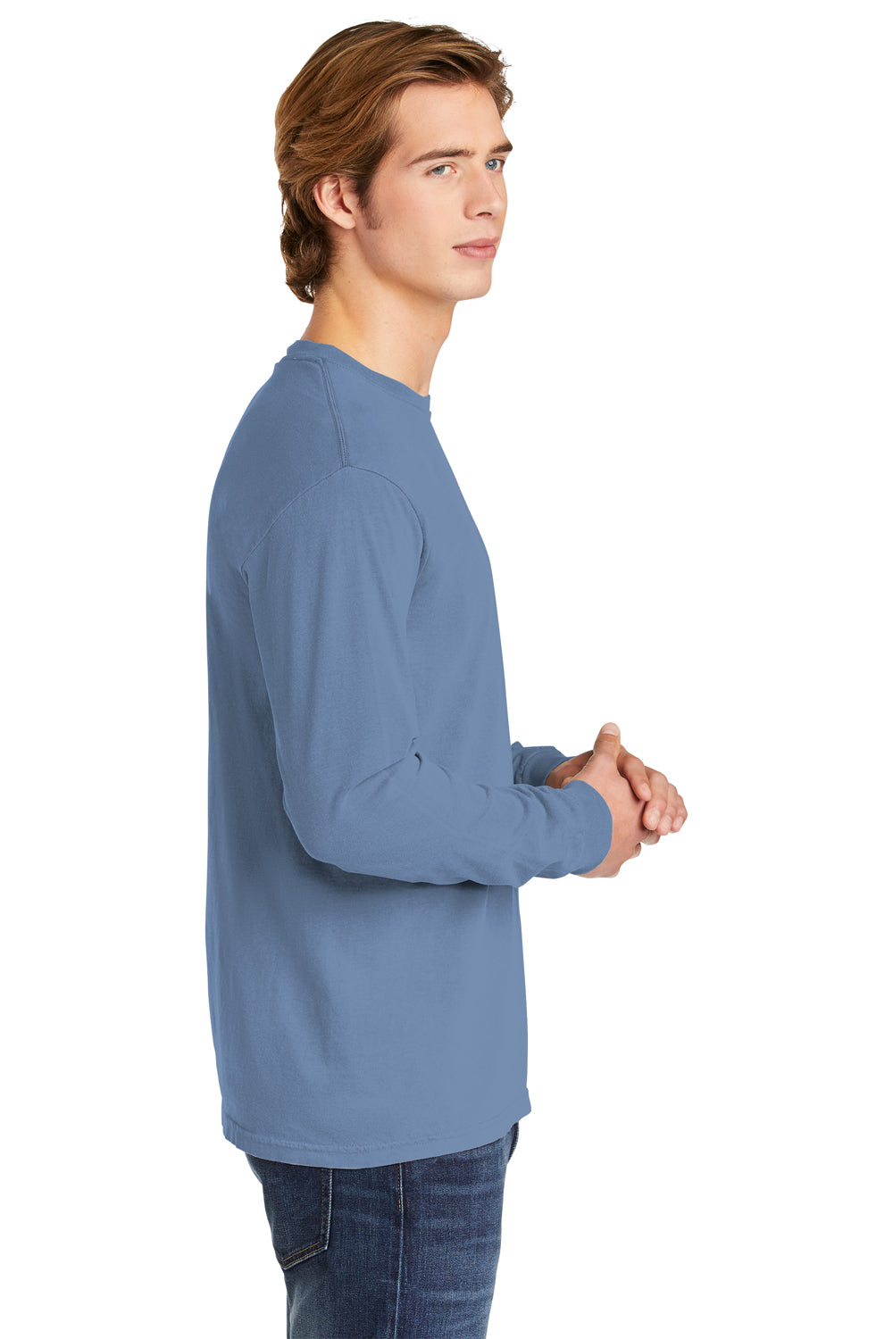 Comfort Colors 6014/C6014 Mens Long Sleeve Crewneck T-Shirt Washed Denim Blue Side