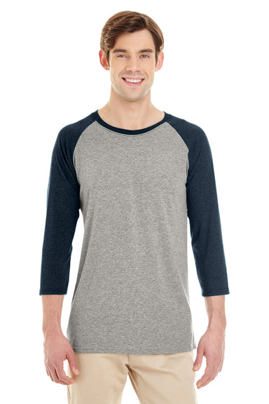 Jerzees 601RR 3/4 Sleeve Crewneck T-Shirt Oxford Grey/Indigo Blue Front