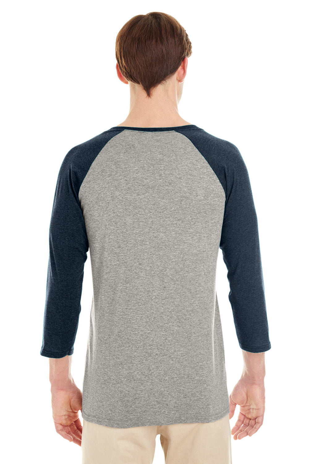 Jerzees 601RR 3/4 Sleeve Crewneck T-Shirt Oxford Grey/Indigo Blue Back